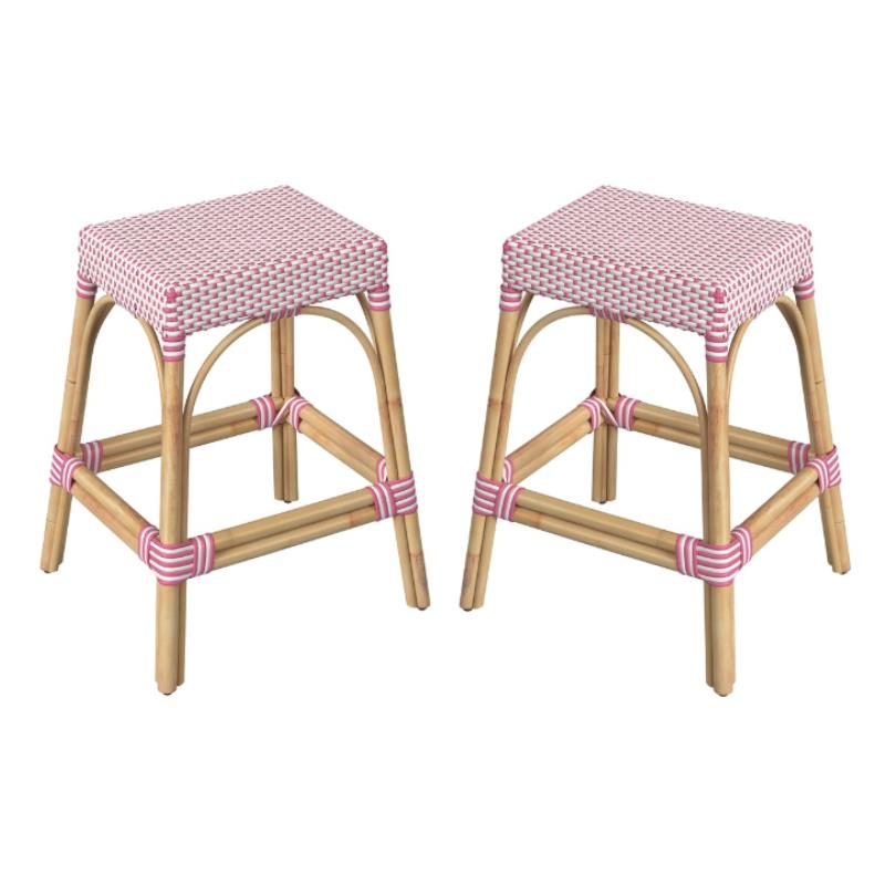 Home Square Rattan Counter Stool in White and Pink - Set of 2