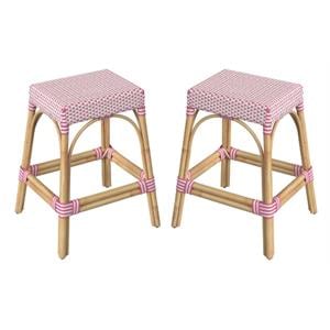 Home Square Rattan Counter Stool in White and Pink - Set of 2