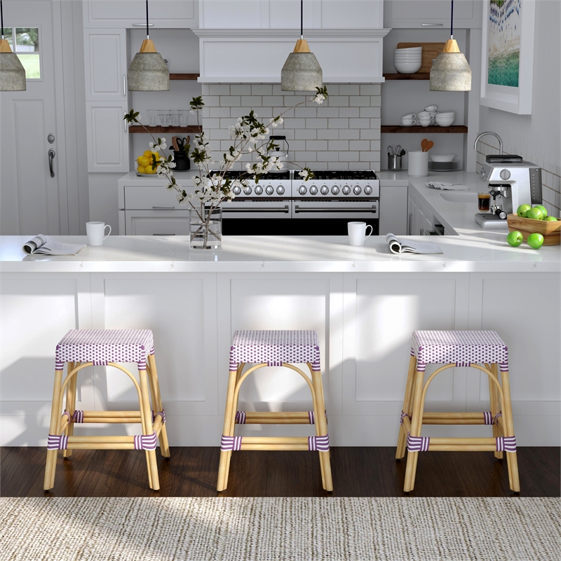 Home Square Rattan Counter Stool in White and Purple - Set of 2