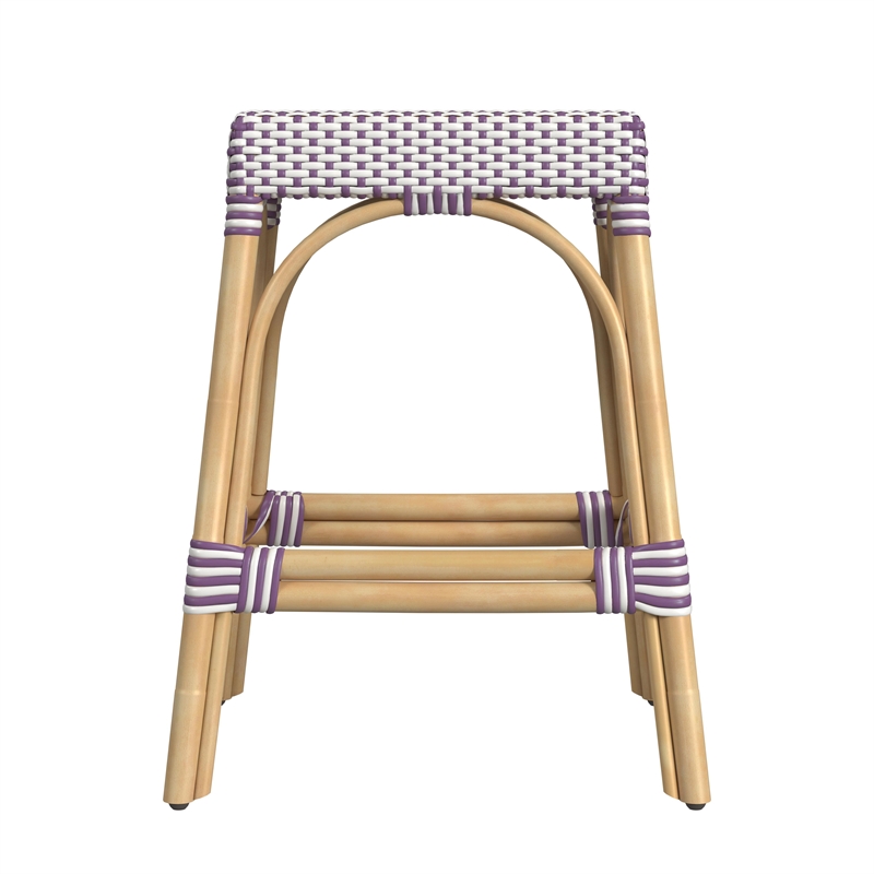 Home Square Rattan Counter Stool in White and Purple - Set of 2