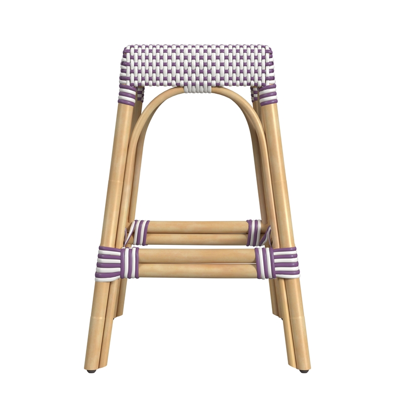 Home Square Rattan Counter Stool in White and Purple - Set of 2