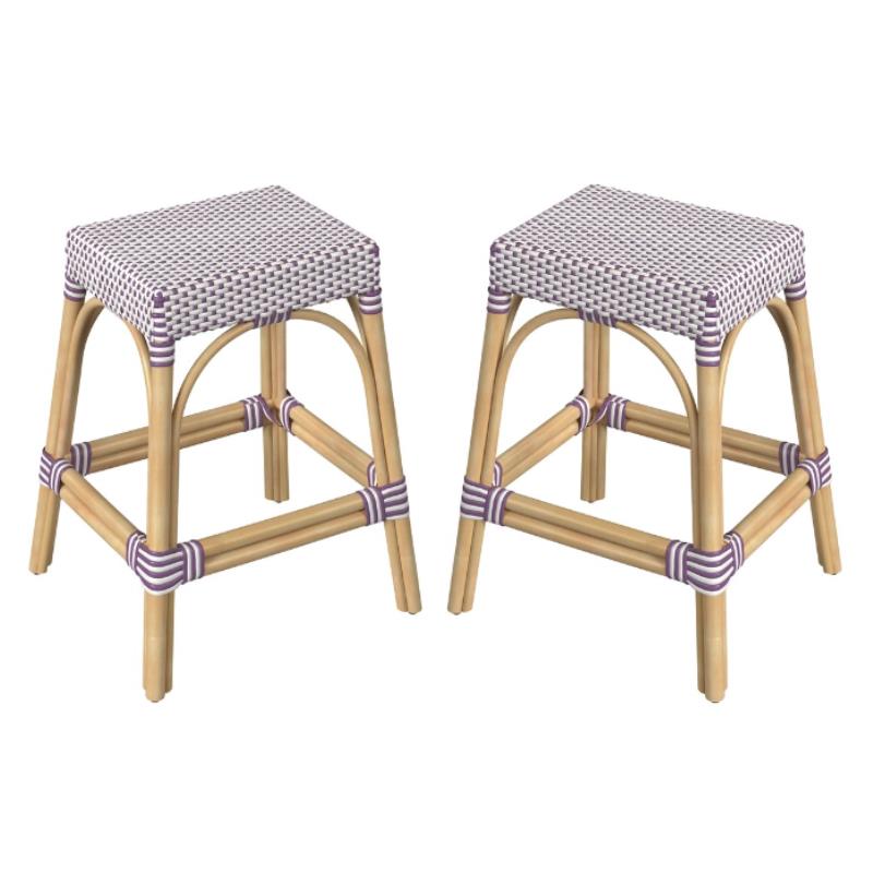 Home Square Rattan Counter Stool in White and Purple - Set of 2