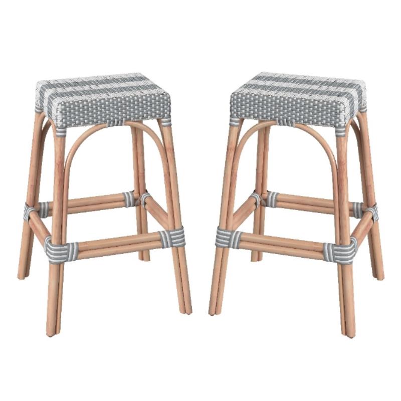 Home Square Rattan Barstool in Gray and White Stripe - Set of 2