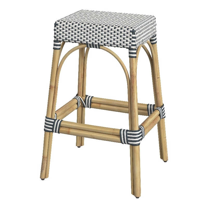 Home Square Rattan Backless Barstool in White and Navy - Set of 2