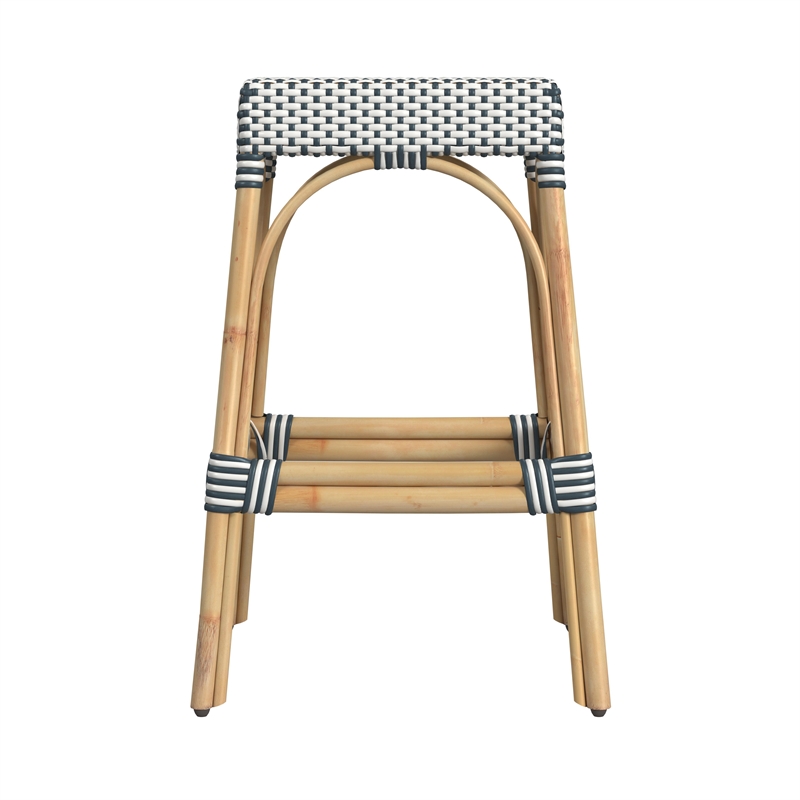 Home Square Rattan Backless Barstool in White and Navy - Set of 2