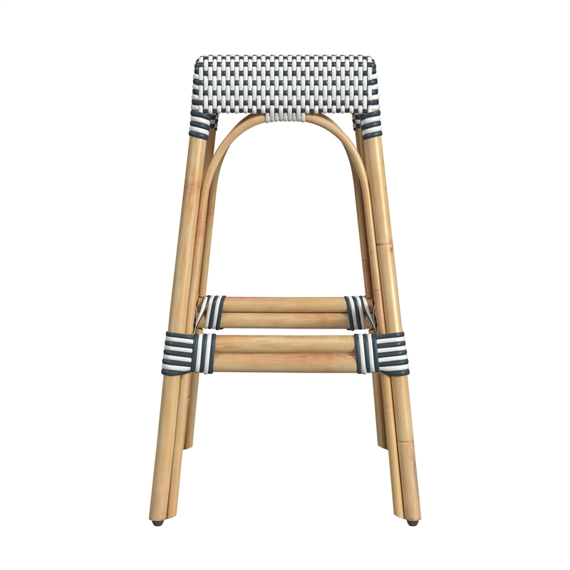 Home Square Rattan Backless Barstool in White and Navy - Set of 2