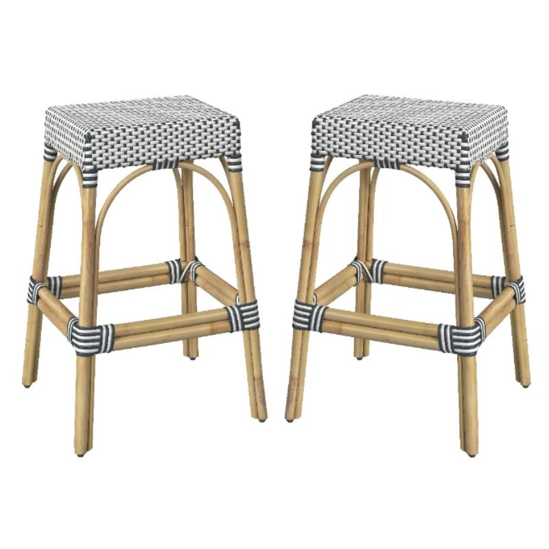 Home Square Rattan Backless Barstool in White and Navy - Set of 2