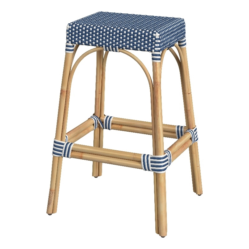 Home Square Rattan Backless Barstool in Sky Blue and White - Set of 2