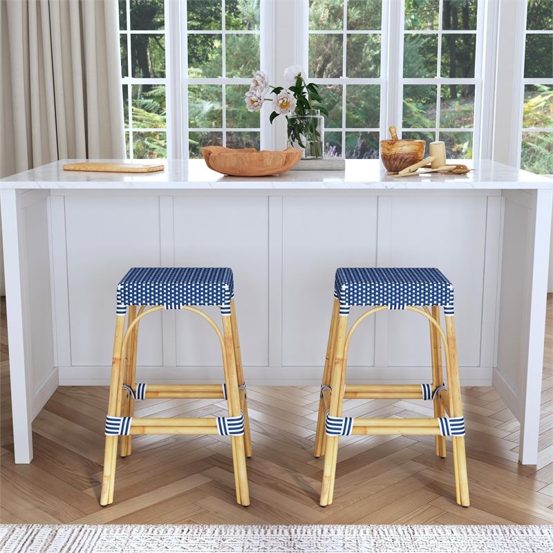 Home Square Rattan Backless Barstool in Sky Blue and White - Set of 2