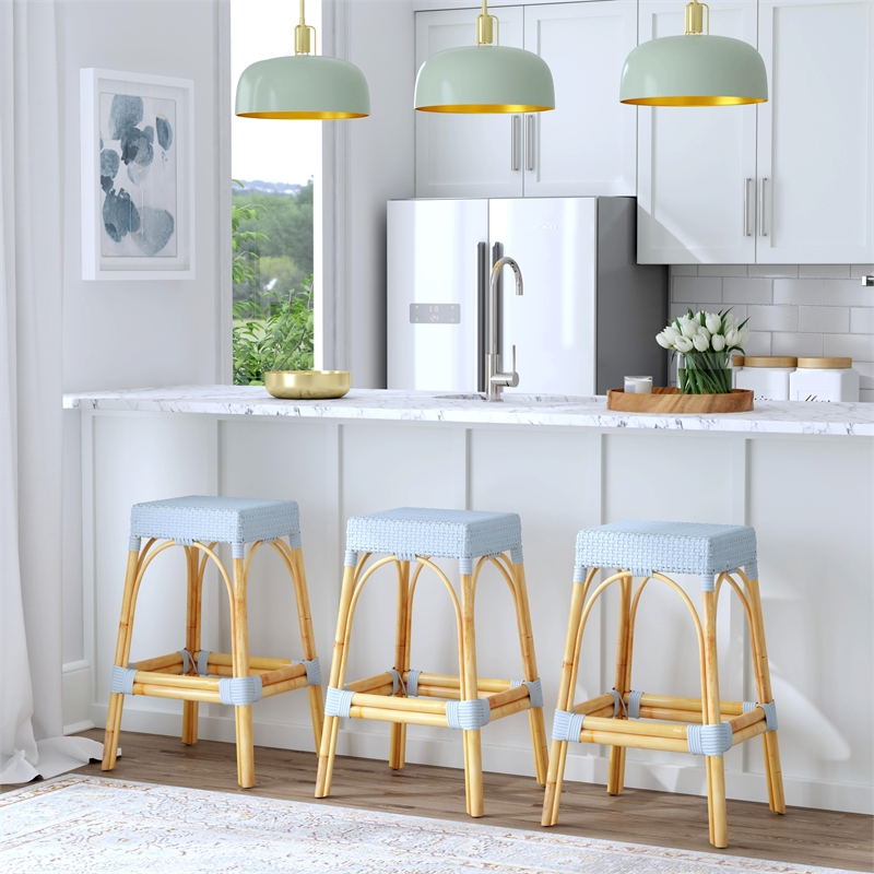 Home Square Rattan Backless Barstool in Twilight Blue - Set of 2