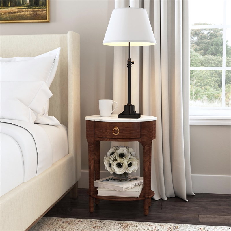 Home Square Marble & Wood Nightstand in White and Brown - Set of 2