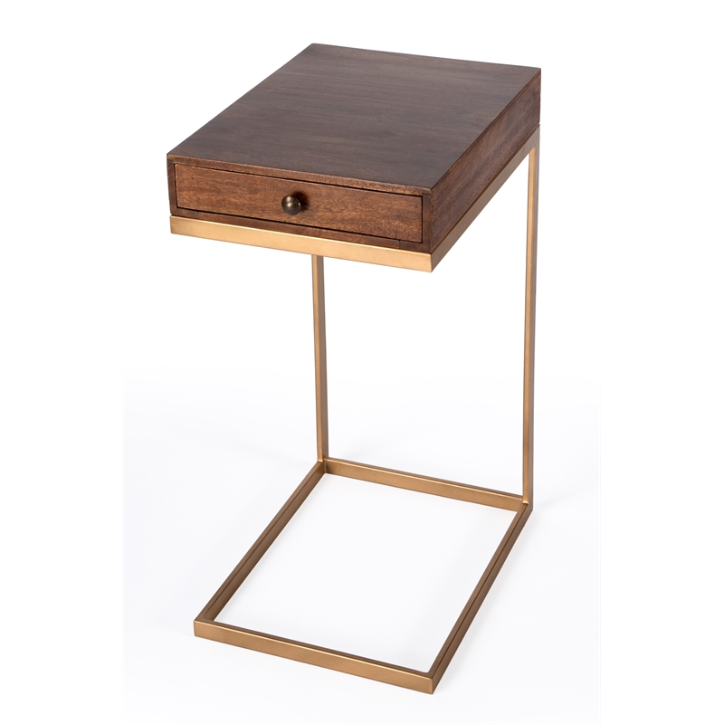 Home Square 1 Drawer Iron C Shaped End Table in Walnut and Gold - Set of 2