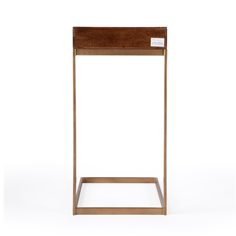 Home Square 1 Drawer Iron C Shaped End Table in Walnut and Gold - Set of 2