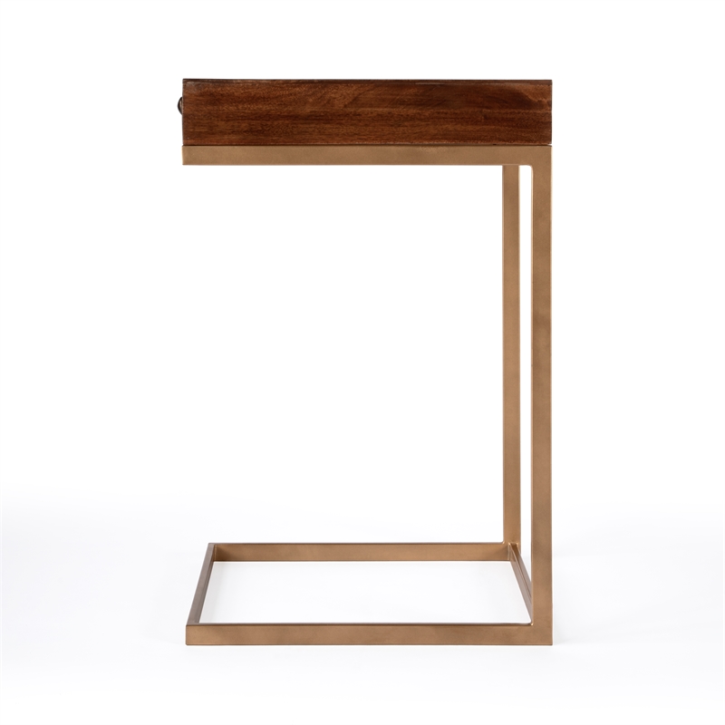 Home Square 1 Drawer Iron C Shaped End Table in Walnut and Gold - Set of 2