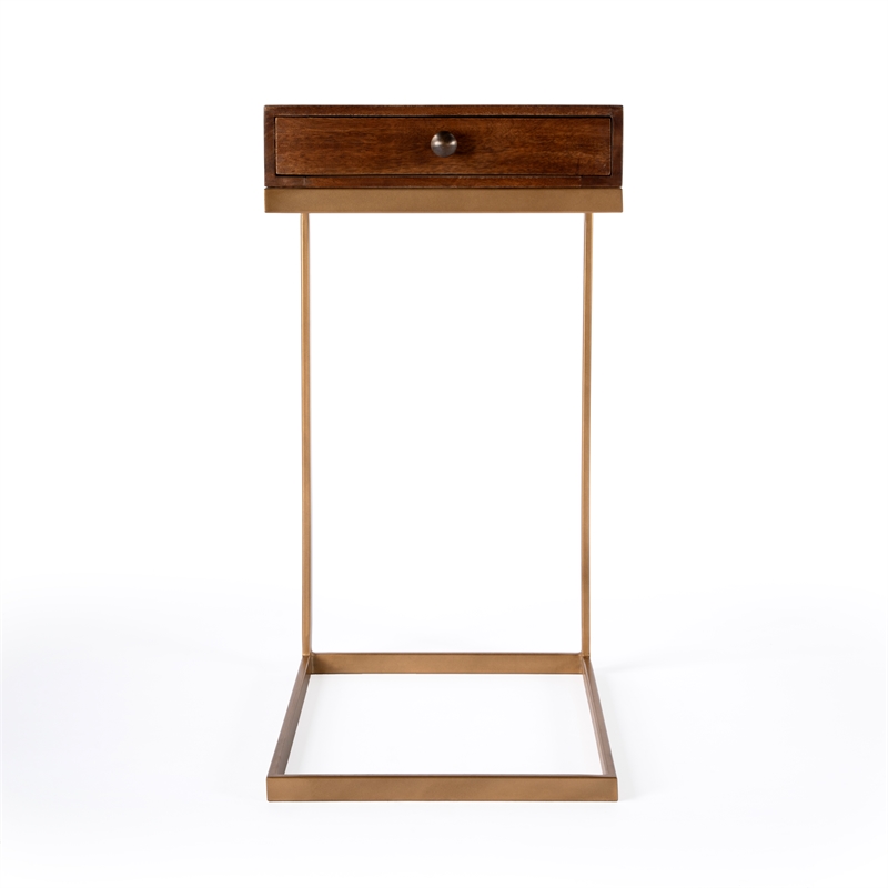 Home Square 1 Drawer Iron C Shaped End Table in Walnut and Gold - Set of 2