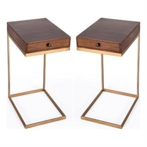 Home Square 1 Drawer Iron C Shaped End Table in Walnut and Gold - Set of 2