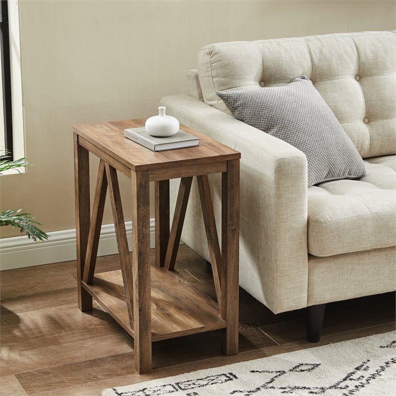 Home Square Narrow End Table with Open Storage Shelf in Rustic Oak - Set of 2