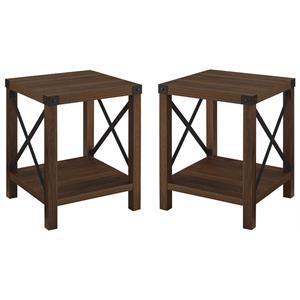 Home Square Metal X-Shaped Fram Rustic Wood End Table in Dark Walnut - Set of 2