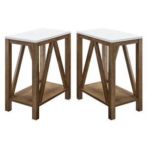 Home Square Narrow End Table in Faux White Marble & Natural Walnut - Set of 2
