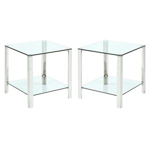 Home Square 19.7&quot Square Glass & Stainless Steel Lamp Table in Clear - Set of 2