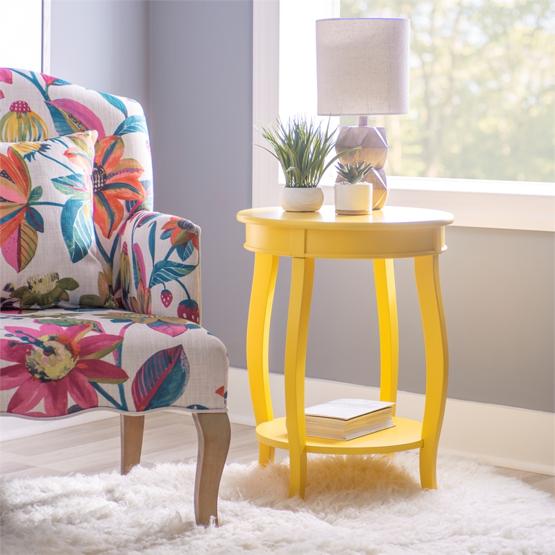 Home Square Round Wood End Table with Shelf in Yellow - Set of 2
