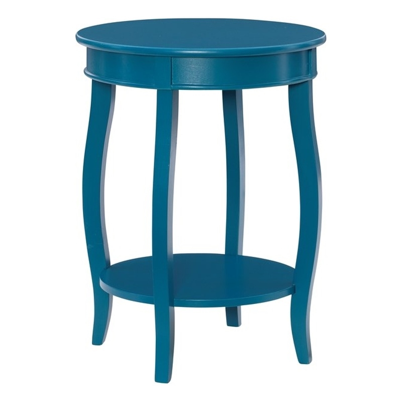 Home Square Round Wood End Table with Shelf in Teal Blue - Set of 2