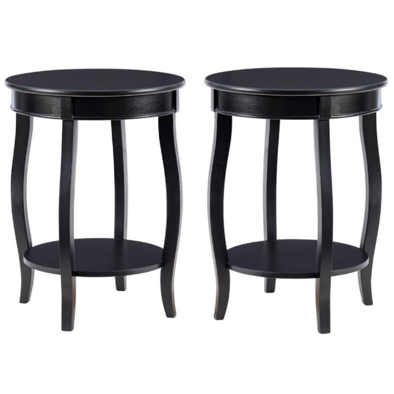 Home Square Round Wood End Table with Shelf in Black - Set of 2