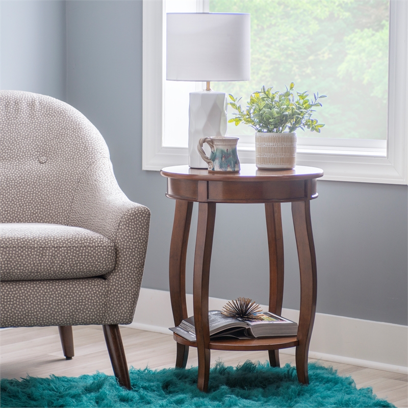 Home Square Round Wood End Table with Shelf in Hazelnut Brown - Set of 2