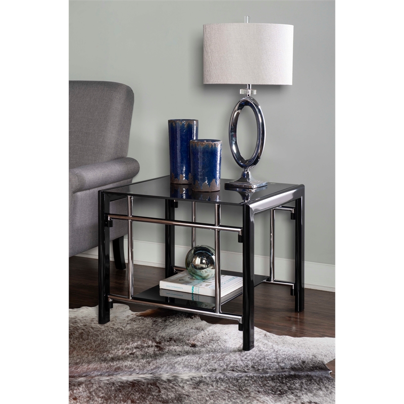 Home Square Glass and Metal End Table in Black Finish - Set of 2