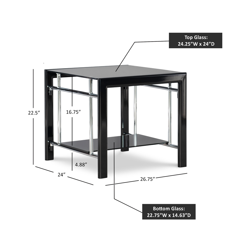 Home Square Glass and Metal End Table in Black Finish - Set of 2