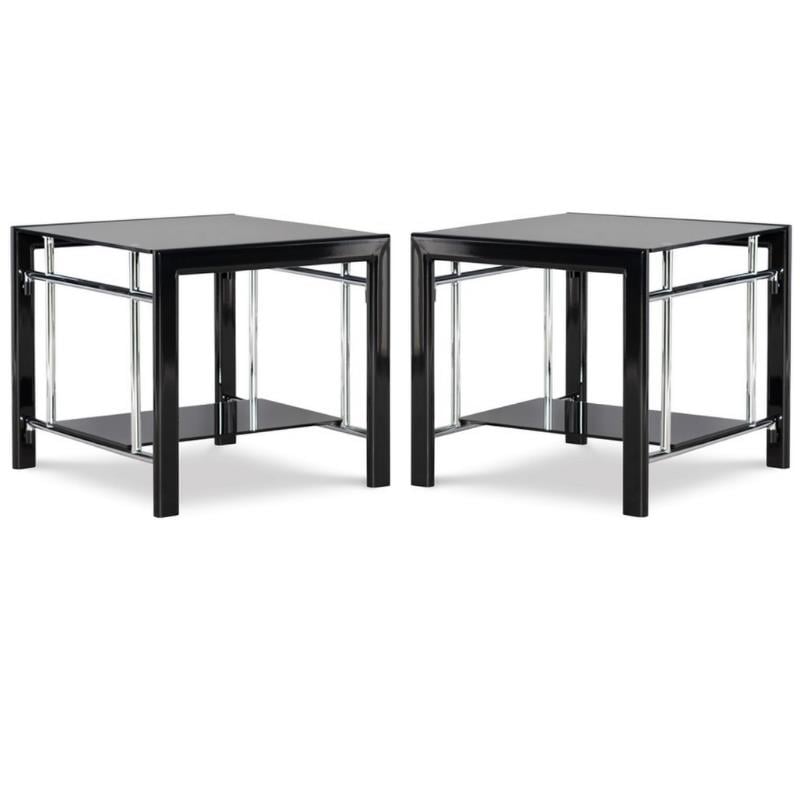 Home Square Glass and Metal End Table in Black Finish - Set of 2