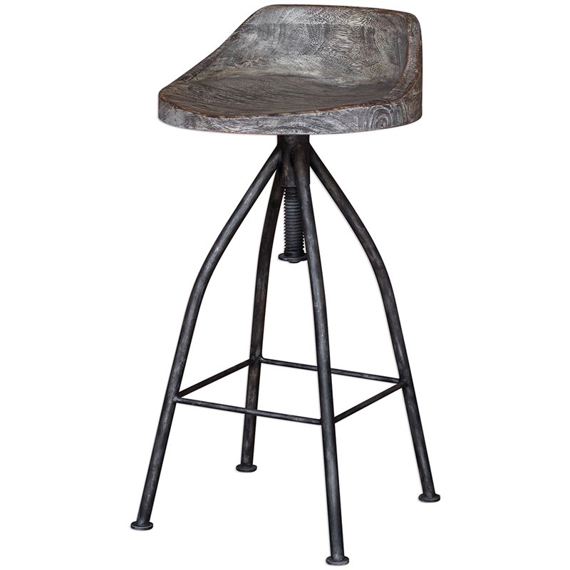 Home Square Wooden Bar Stool with Hand Carved Seat in Gray - Set of 2