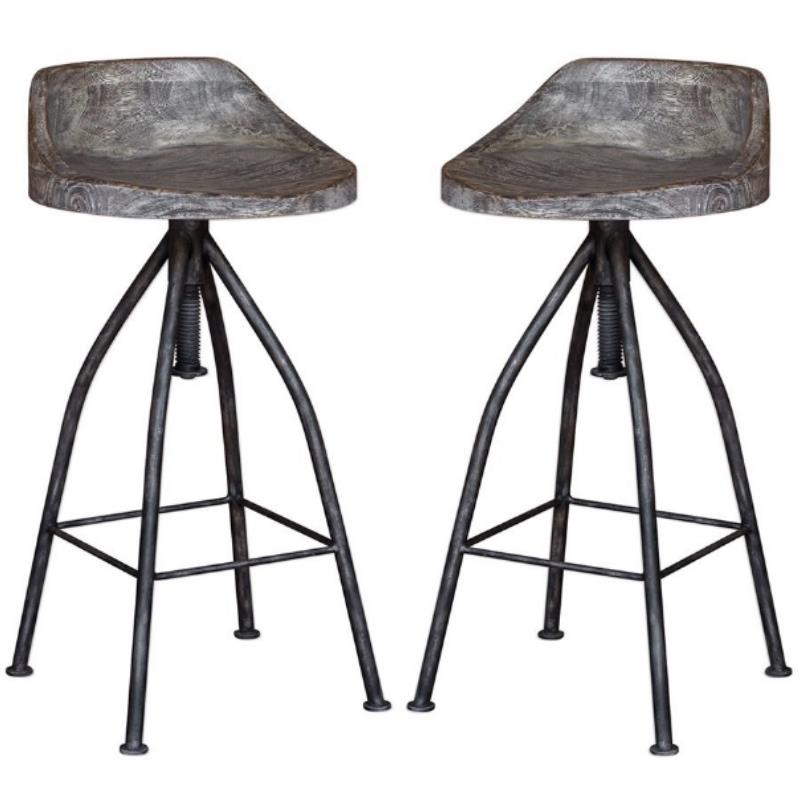 Home Square Wooden Bar Stool with Hand Carved Seat in Gray - Set of 2