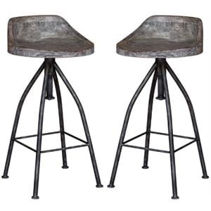 Home Square Wooden Bar Stool with Hand Carved Seat in Gray - Set of 2