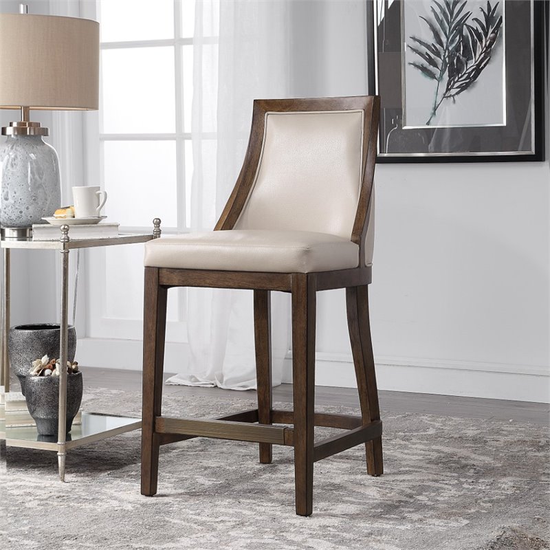 Home Square Leather Counter Stool in Cappuccino Finish - Set of 2