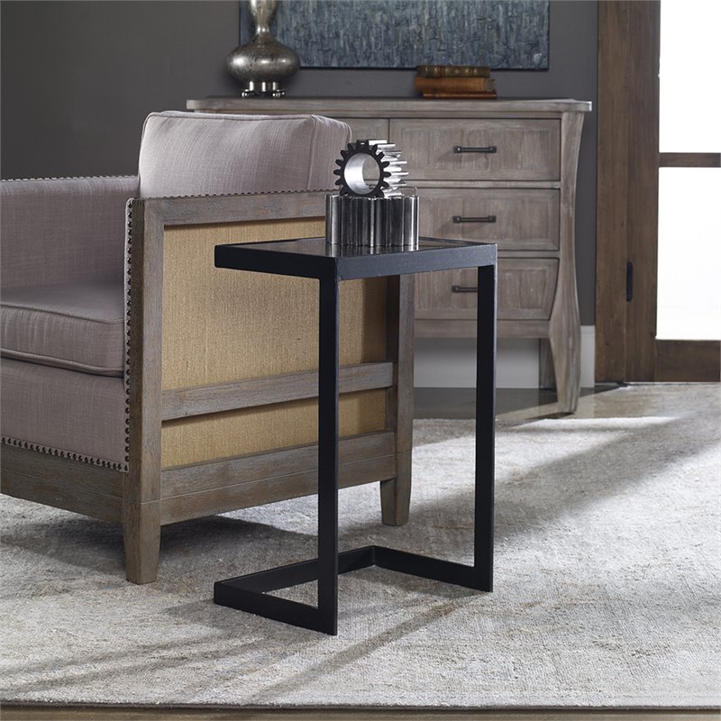 Home Square Cantilever Glass Top End Table in Black - Set of 2