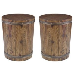 Home Square 19&quot Round Wine Barrel Accent End Table in Walnut - Set of 2