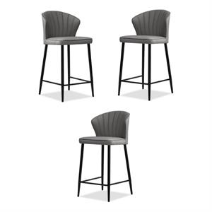 Home Square Counter Stool Smoke Leather in Black Legs - Set of 3