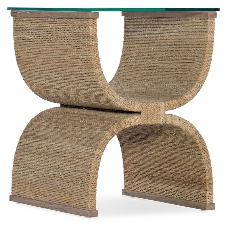 Home Square Rectangle Tempered Glass Top End Table in Woven - Set of 2