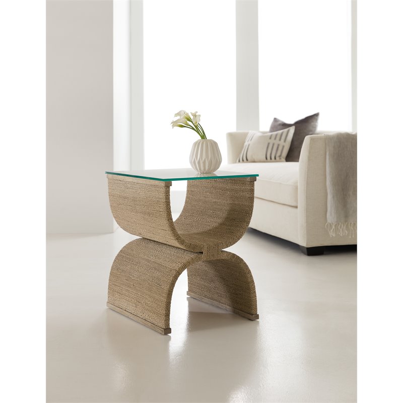 Home Square Rectangle Tempered Glass Top End Table in Woven - Set of 2
