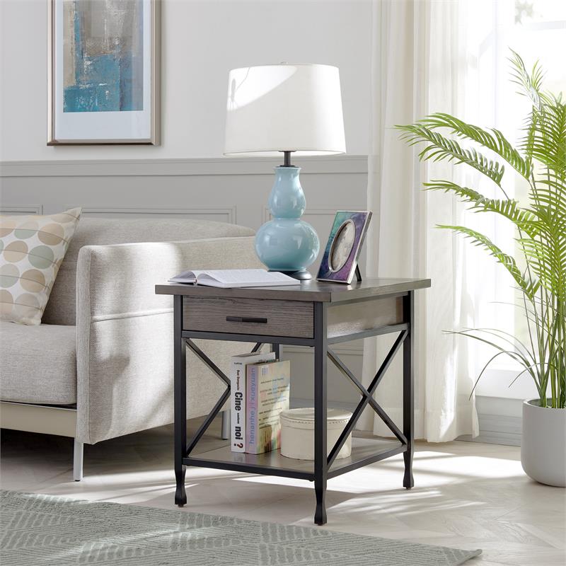Home Square X-Design Wood and Metal End Table in Smoky Gray Oak - Set of 2
