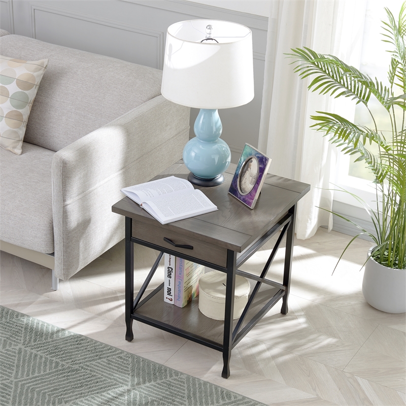 Home Square X-Design Wood and Metal End Table in Smoky Gray Oak - Set of 2
