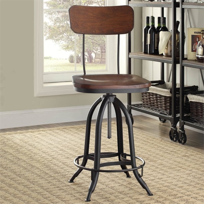Home Square Adjustable Wood Bar Stool in Textured Black Finish - Set of 2