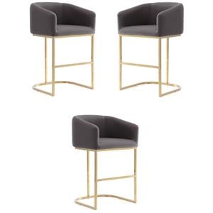 Home Square 26&quot Faux Leather Counter Stool in Gray & Titanium Gold - Set of 3