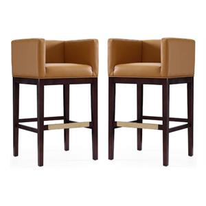 Home Square 38&quot Faux Leather Barstool in Camel Brown & Dark Walnut - Set of 2