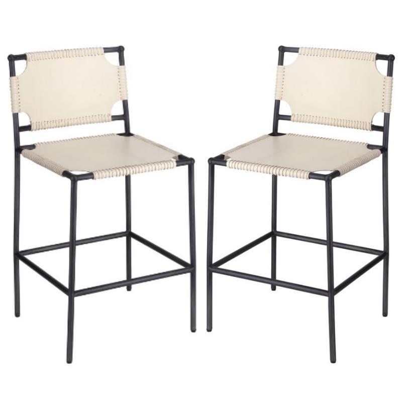 Home Square Transitional Leather Counter Stool in Off White - Set of 2