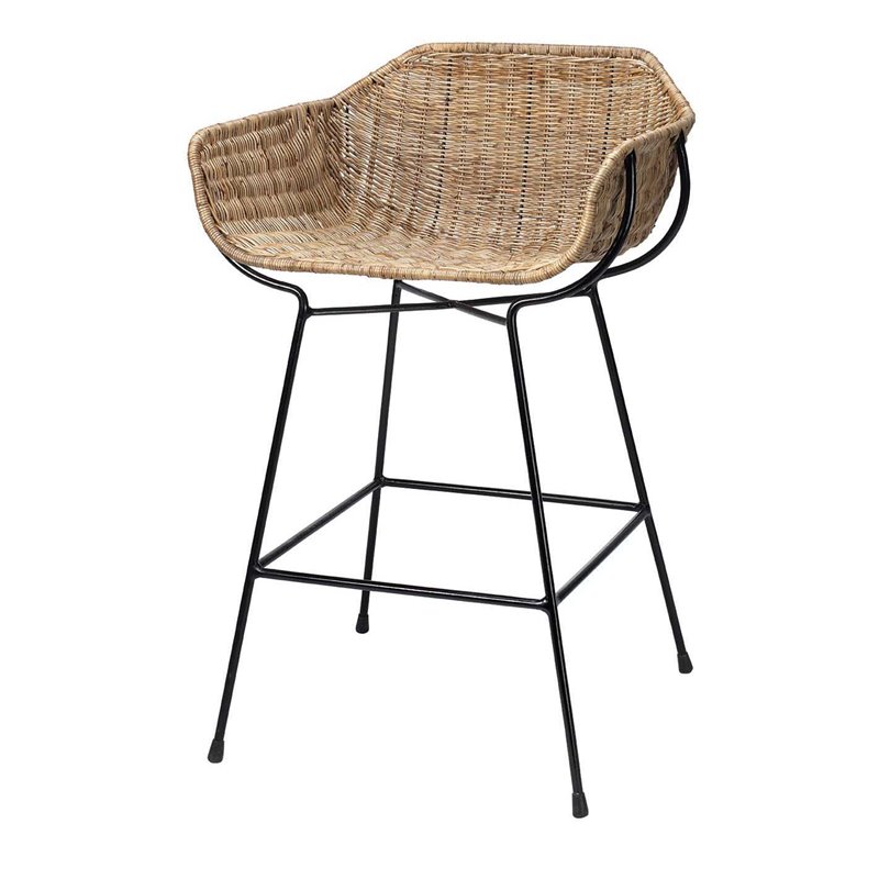 Home Square Metal & Rattan Counter Stool in Black & Natural - Set of 2