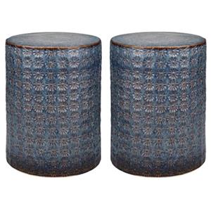 Home Square Wildflower Coastal Ceramic Side Table in Dark Blue - Set of 2