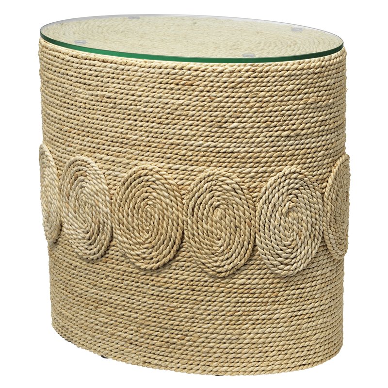 Home Square Oval Corn Straw Rope Glass Side Table in Off White - Set of 2