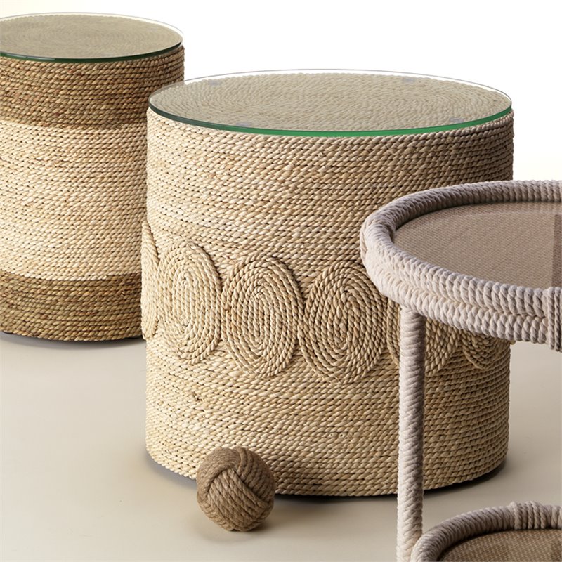 Home Square Oval Corn Straw Rope Glass Side Table in Off White - Set of 2
